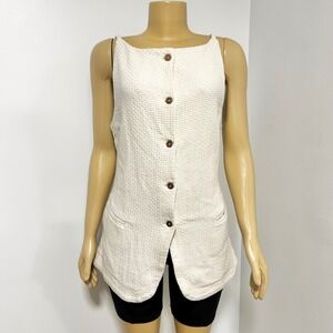 Free People Free-Est Cream Textured Cotton Button Front Longline Vest OB2048594